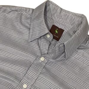 Tailorbyrd Men’s Medium Gray Plaid Button-Down Shirt Flamingo Logo